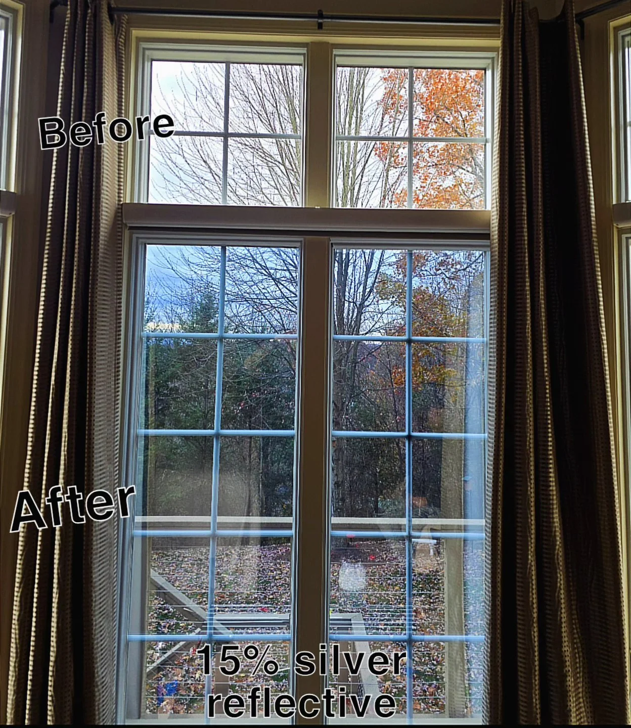 Residential interior view looking out through installed architectural solar film